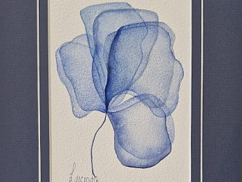 Lucinda leveille original watercolour in blue, flowers, matted with blue matt, A4 size, suitable for gifting or collecting, Original Australian watercolour floral painting exploring colour, form and the fluid versatility of watercolour.