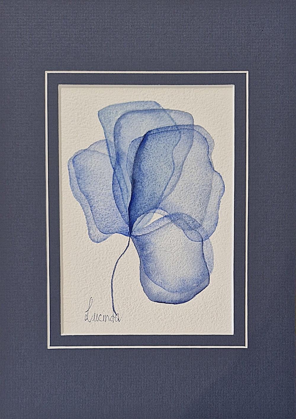 Lucinda leveille original watercolour in blue, flowers, matted with blue matt, A4 size, suitable for gifting or collecting, Original Australian watercolour floral painting exploring colour, form and the fluid versatility of watercolour.