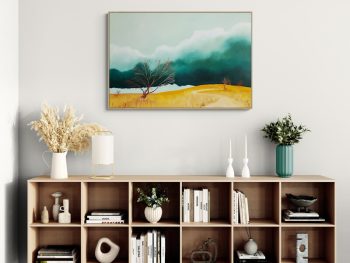 Green clouds and ochre land inspired by Victoria's high country - Original Australian landscape painting featuring clouds, sky and shifting weather