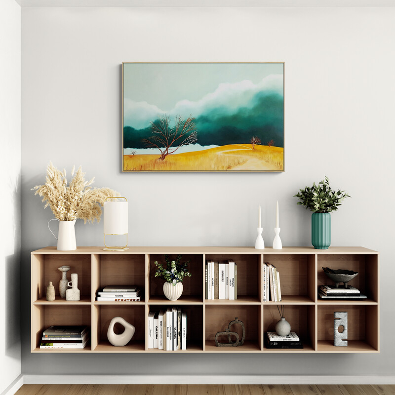 Green clouds and ochre land inspired by Victoria's high country - Original Australian landscape painting featuring clouds, sky and shifting weather