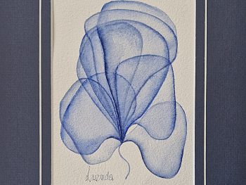 Lucinda leveille original watercolour in blue, flowers, matted with blue matt, A4 size, suitable for gifting or collecting