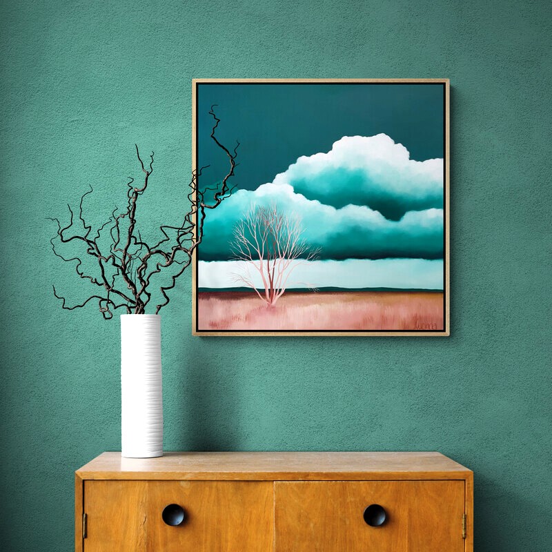 Pink Grasslands, original atmospheric Australian landscape painting with pink fields and turquoise cloud-filled sky by Lucinda Leveille
