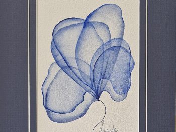 Lucinda leveille original watercolour in blue, flowers, matted with blue matt, A4 size, suitable for gifting or collecting