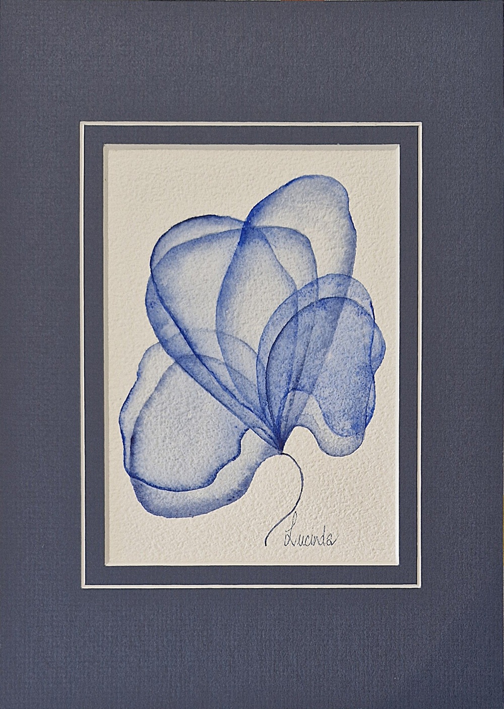 Lucinda leveille original watercolour in blue, flowers, matted with blue matt, A4 size, suitable for gifting or collecting