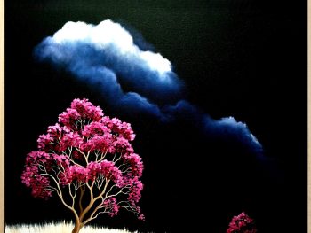 Lucinda Leveille Art | moody dark sky with single vibrant magenta in foreground, highlighted hill, Australian landscape, original artwork