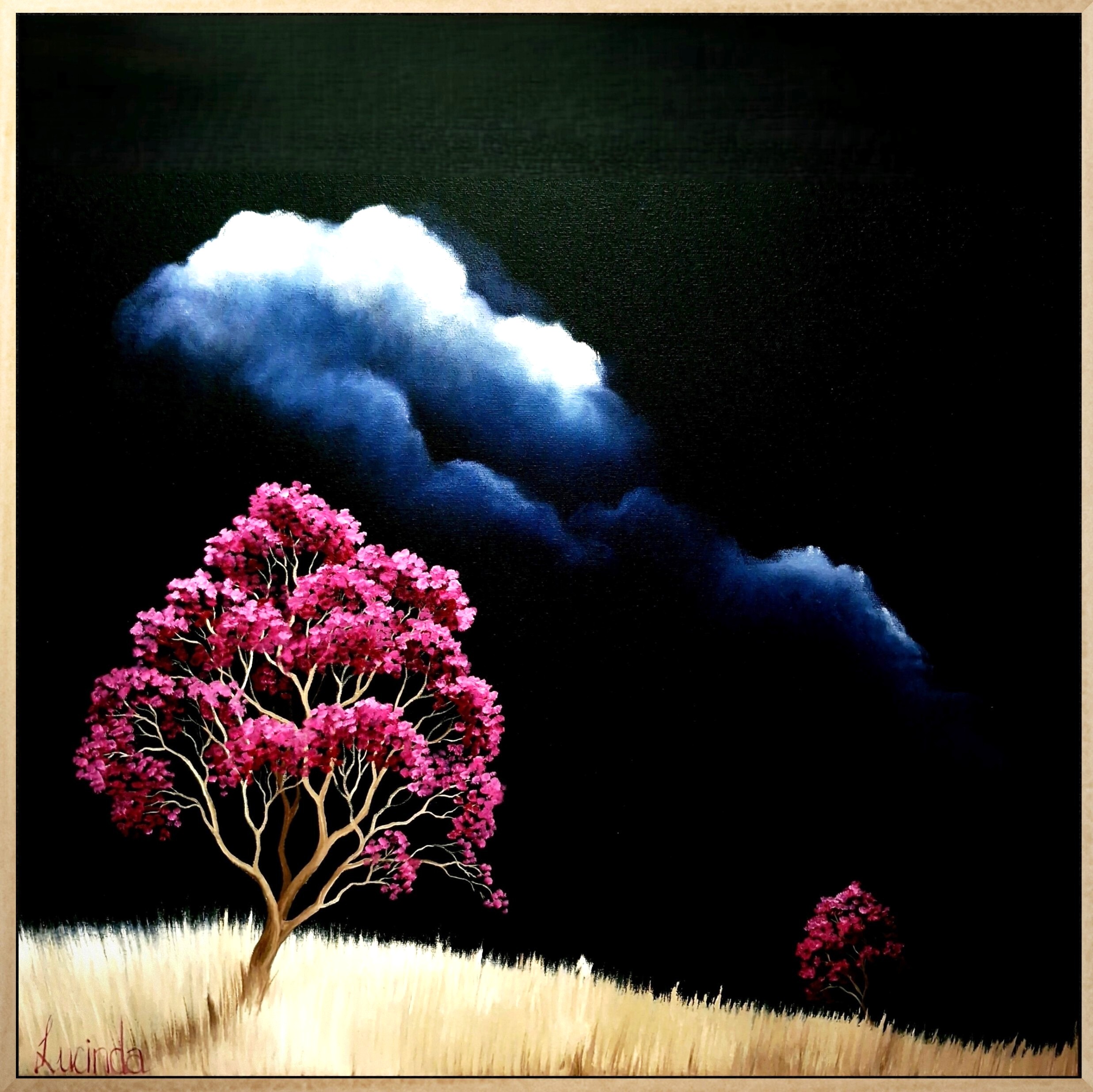 Lucinda Leveille Art | moody dark sky with single vibrant magenta in foreground, highlighted hill, Australian landscape, original artwork