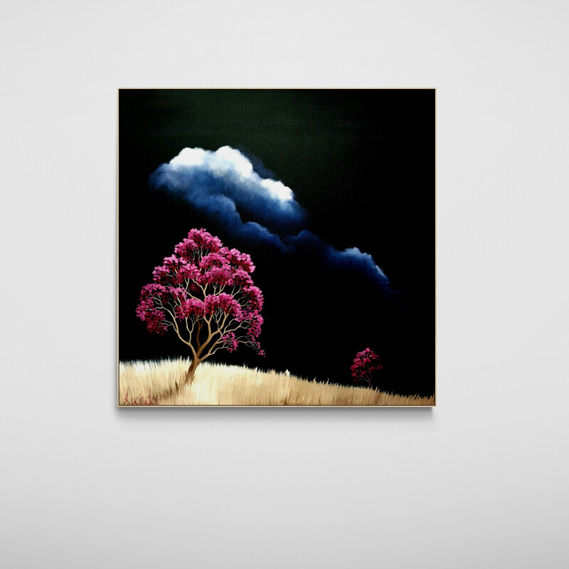 Atmospheric Australian tree landscape painting with open land and dramatic clouds