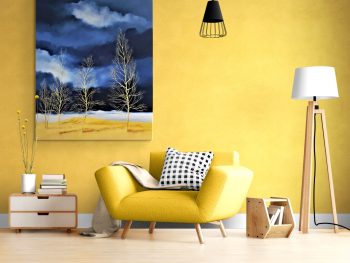 Atmospheric tree landscape painting by Lucinda Leveille styled within a warm contemporary living space.