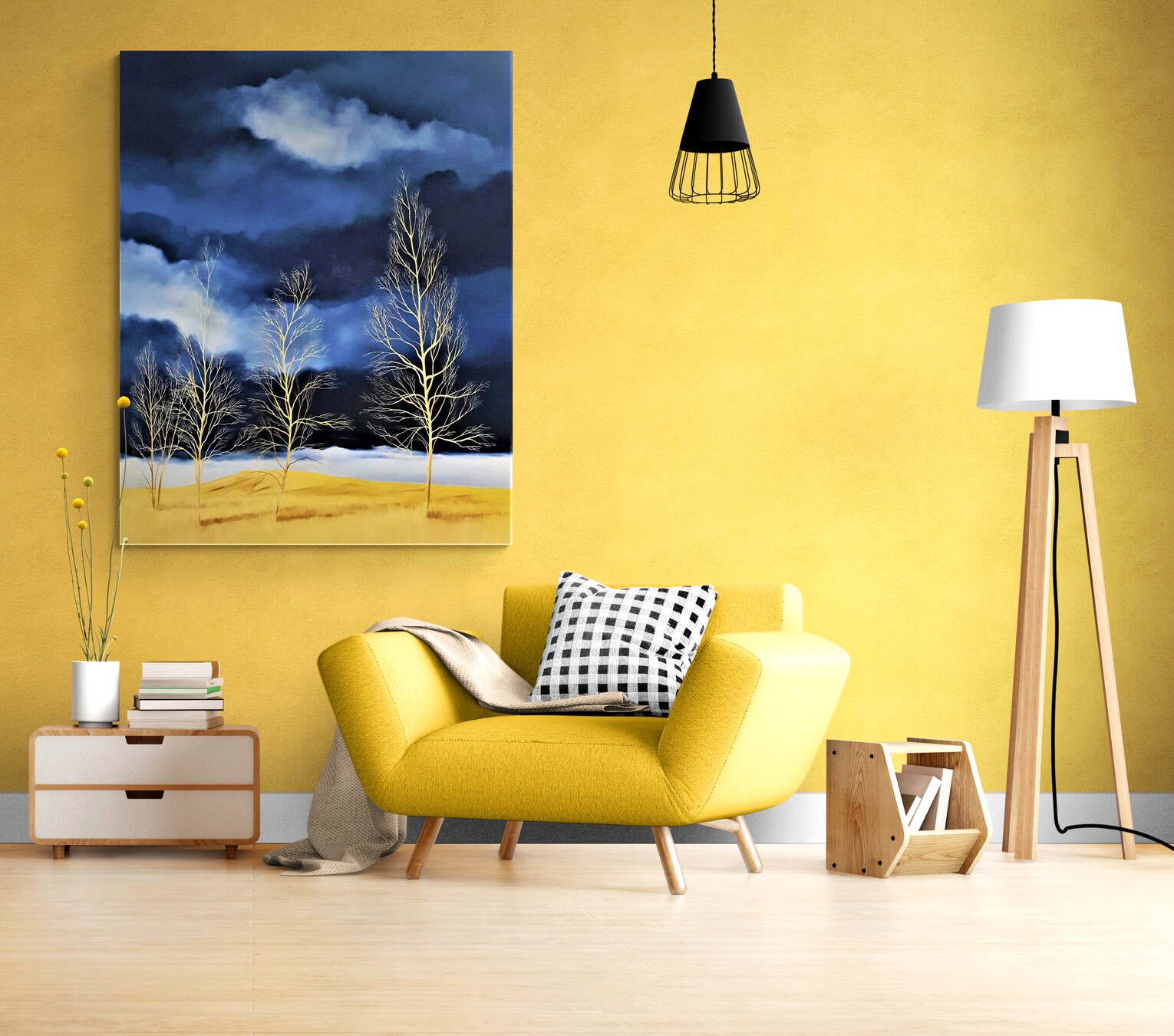 Atmospheric tree landscape painting by Lucinda Leveille styled within a warm contemporary living space.