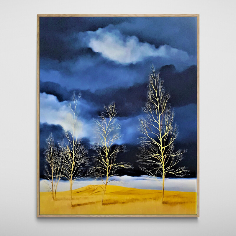 Original tree landscape painting with a quiet horizon, soft light and stormy sky