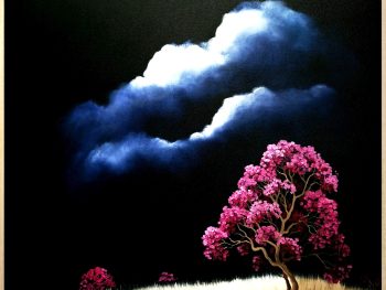 Lucinda Leveille Art | moody dark sky with single vibrant magenta in foreground, highlighted hill, Australian landscape, original artwork