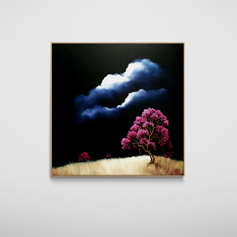 Atmospheric Australian tree landscape painting with open land and dramatic clouds