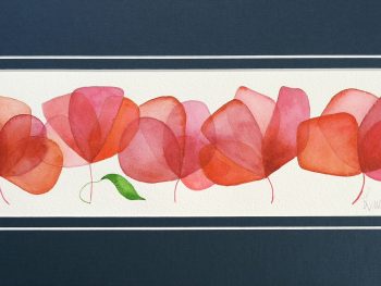 Lucinda Leveille exclusive original watercolours dark blue matt with bright orange and pink flowers, small, gift wrapped, gifting and collecting