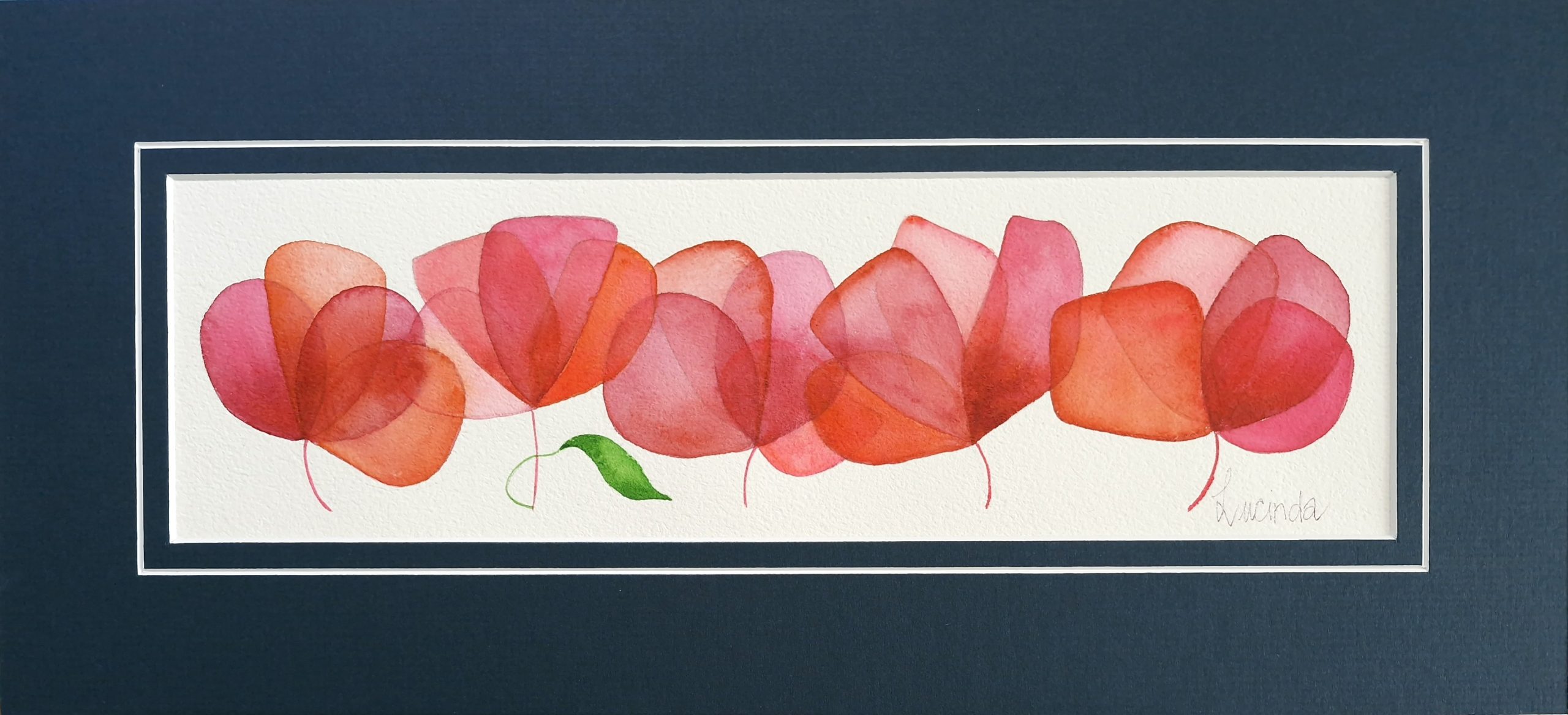 Lucinda Leveille exclusive original watercolours dark blue matt with bright orange and pink flowers, small, gift wrapped, gifting and collecting