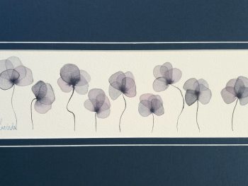 Lucinda Leveille exclusive original watercolour in dark violet and blue , four leaf clovers, matted ready for framing in dark blue, gifting and collecting, gift wrapped