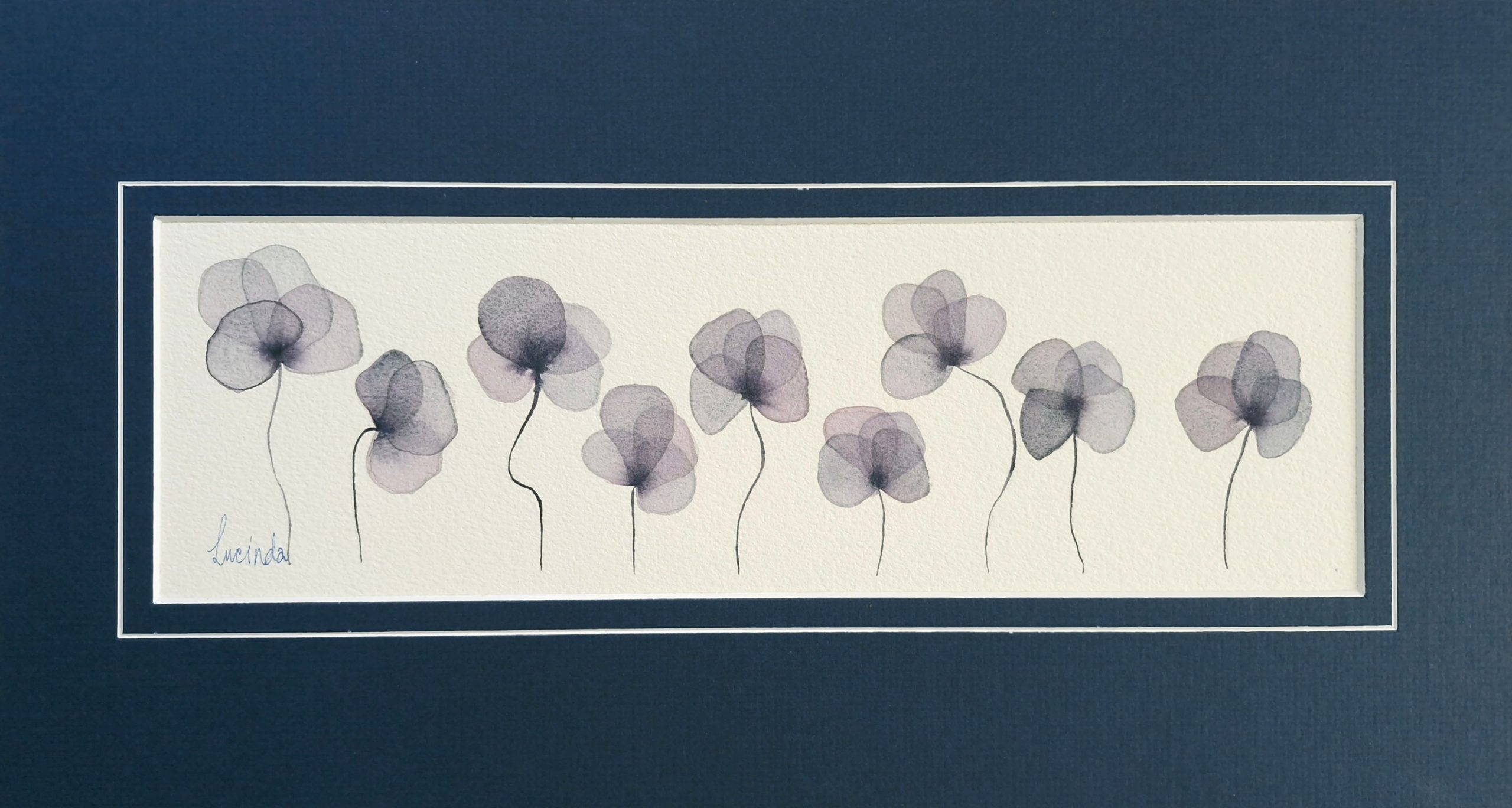 Lucinda Leveille exclusive original watercolour in dark violet and blue , four leaf clovers, matted ready for framing in dark blue, gifting and collecting, gift wrapped