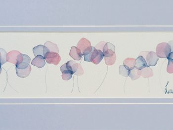 Orginal and exclusive watercolour to Lucindas Studio, pastel flowers in pinks and blues, matted in soft azure matt, gift wrapped