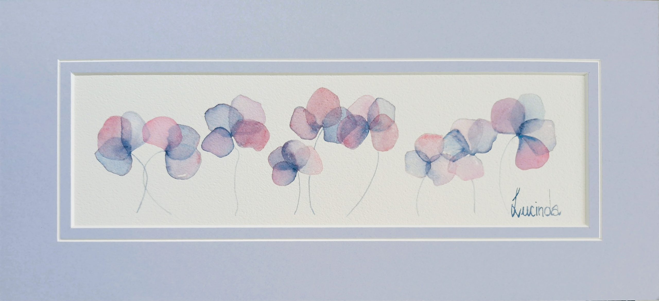 Orginal and exclusive watercolour to Lucindas Studio, pastel flowers in pinks and blues, matted in soft azure matt, gift wrapped