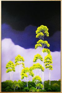 Lucinda Leveille Art | Lucinda's Studio | Brisbane Art | Australian Artist | Gold Coast Artist | Online Gallery | violet sky with bright green gum trees above a canopy below