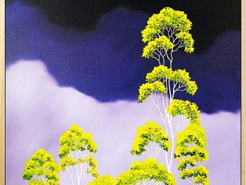 Lucinda Leveille Art | Lucinda's Studio | Brisbane Art | Australian Artist | Gold Coast Artist | Online Gallery | violet sky with bright green gum trees above a canopy below