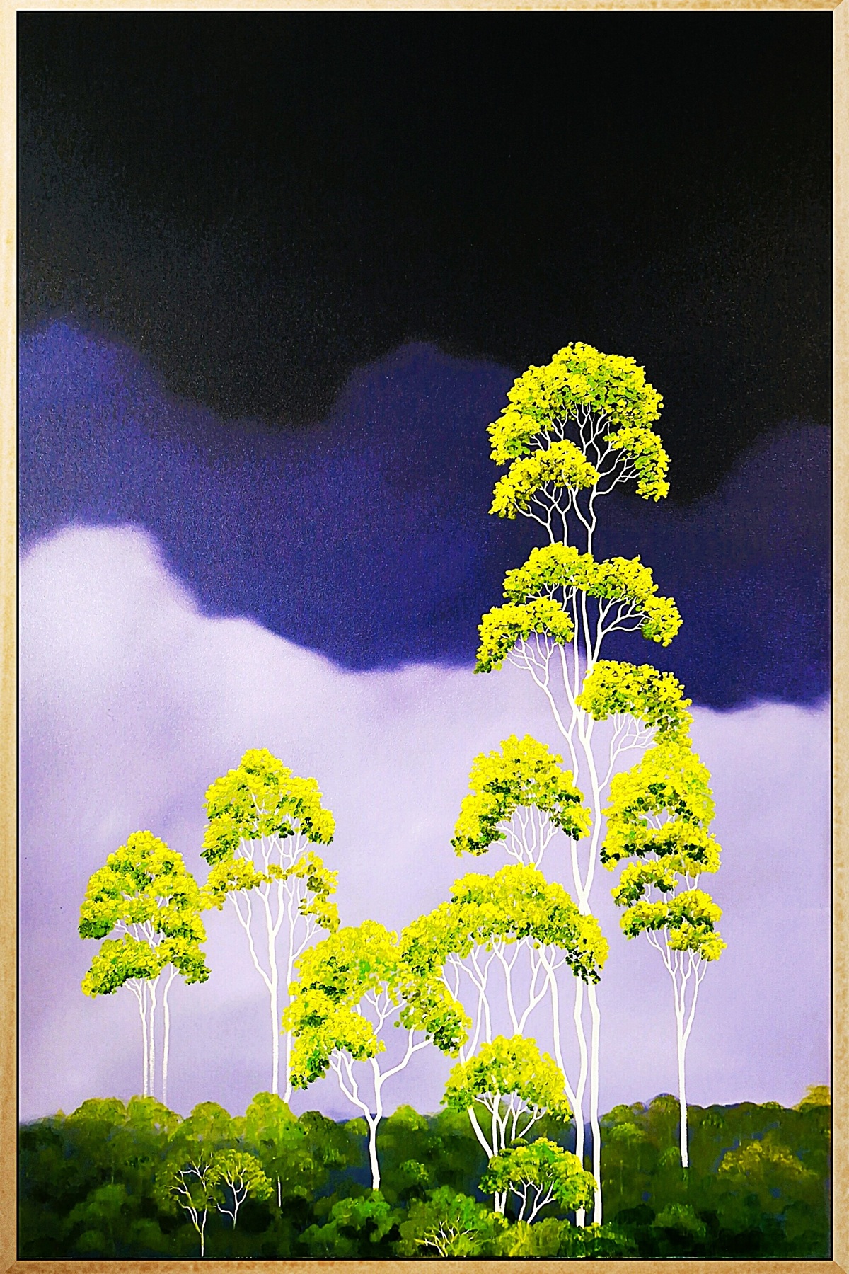 Lucinda Leveille Art | Lucinda's Studio | Brisbane Art | Australian Artist | Gold Coast Artist | Online Gallery | violet sky with bright green gum trees above a canopy below