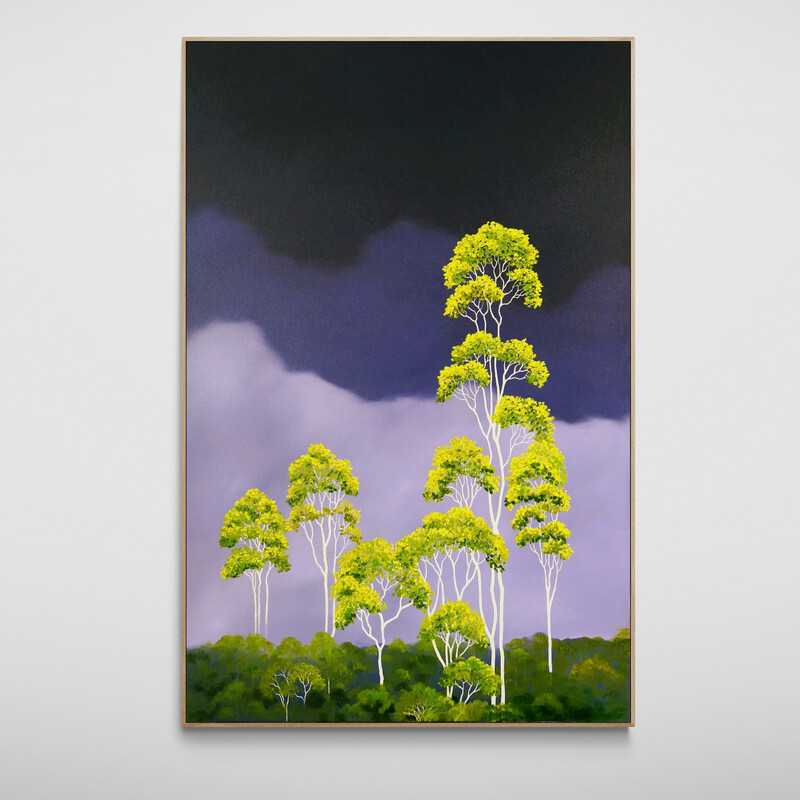 Australian gum tree landscape painting with open sky and atmospheric clouds