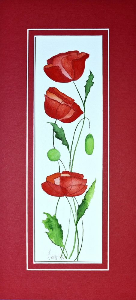 An original red roses watecolour with a red mat, Original Australian watercolour floral painting exploring colour, form and the fluid versatility of watercolour.