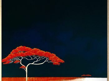 Lucinda Leveille original oil painting of the Savanna with a red acacia tree as the focal point, surrounded by dark blue inky sky, across a red highlighted plain, framed in oak