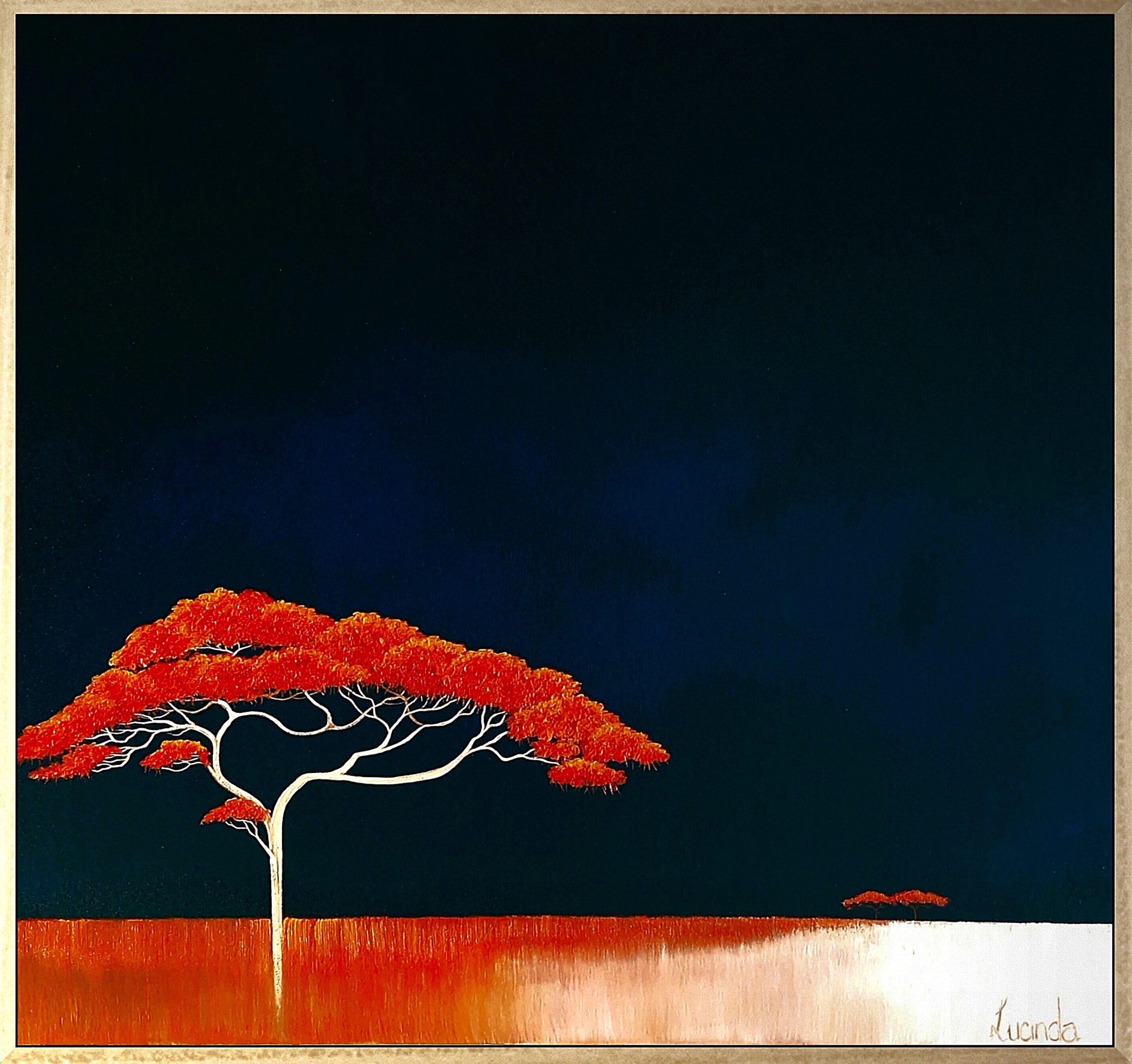 Lucinda Leveille original oil painting of the Savanna with a red acacia tree as the focal point, surrounded by dark blue inky sky, across a red highlighted plain, framed in oak