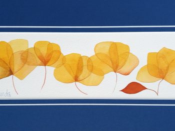 Bright yellow four leaf clover type flowers with one red leaf, mattd with bright blue matt, ready to frame, excllusive and original watercolour, gift wrapped