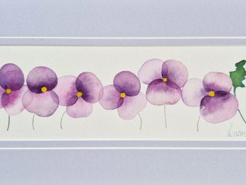 Original and exclusive watercolour by Lucinda Leveille, violet with yellow centre flowers, matted in soft azure pastel, ready for framing, gift wrapped