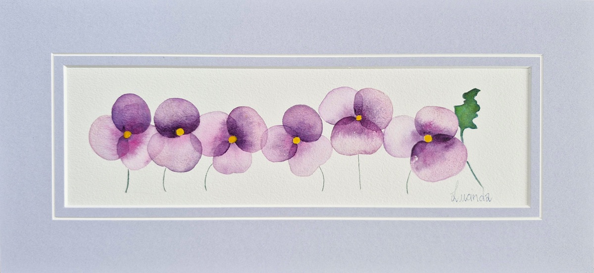 Original and exclusive watercolour by Lucinda Leveille, violet with yellow centre flowers, matted in soft azure pastel, ready for framing, gift wrapped
