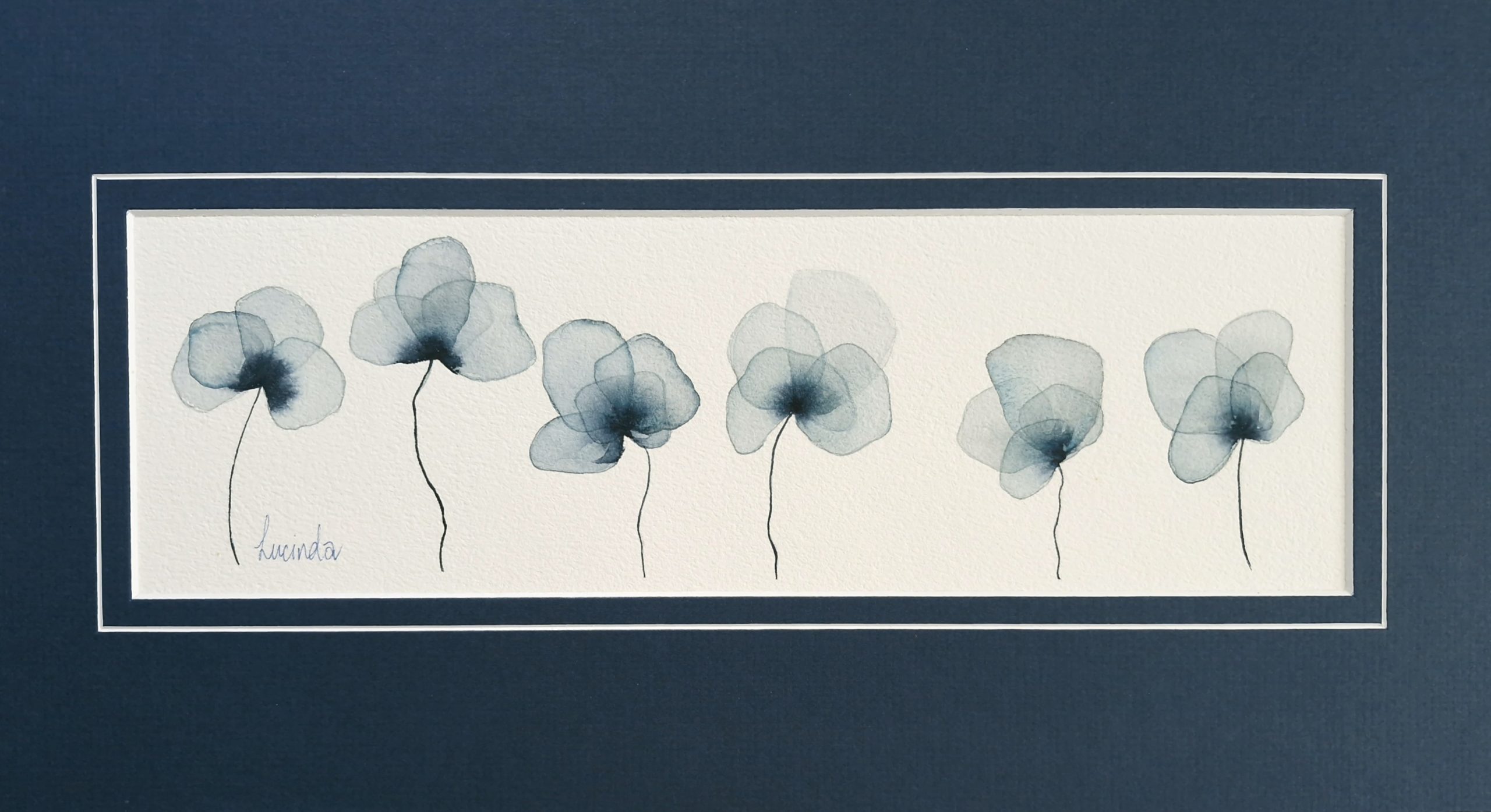 Lucinda Leveille original and exclusive watercolour, four leaf clover design in deep teal with dark blue matt ready for framing, gifting and collecting, gift wrapped