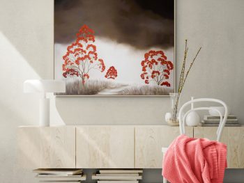 Original Australian atmospheric landscape oil painting featuring a dramatic sky with soft light breaking through layered clouds and featuring gum trees