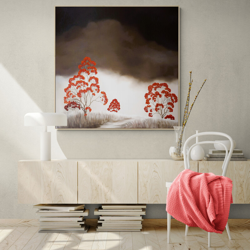 Original Australian atmospheric landscape oil painting featuring a dramatic sky with soft light breaking through layered clouds and featuring gum trees