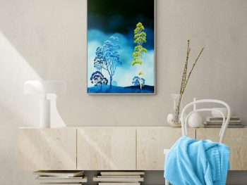 Original Australian atmospheric landscape oil painting featuring a dramatic sky with soft light breaking through layered clouds and featuring gum trees