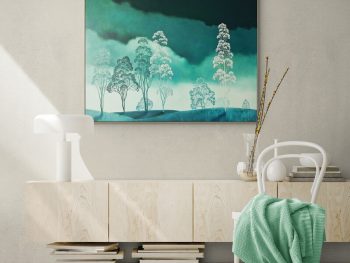 Original Australian atmospheric landscape oil painting featuring a dramatic sky with soft light breaking through layered clouds and featuring gum trees