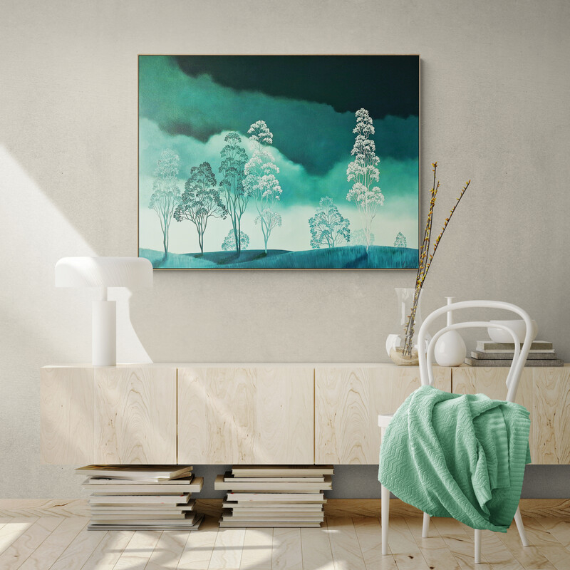 Original Australian atmospheric landscape oil painting featuring a dramatic sky with soft light breaking through layered clouds and featuring gum trees