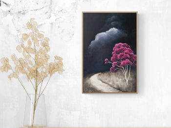 Original Australian atmospheric landscape oil painting featuring a dramatic sky with soft light breaking through layered clouds and featuring gum trees