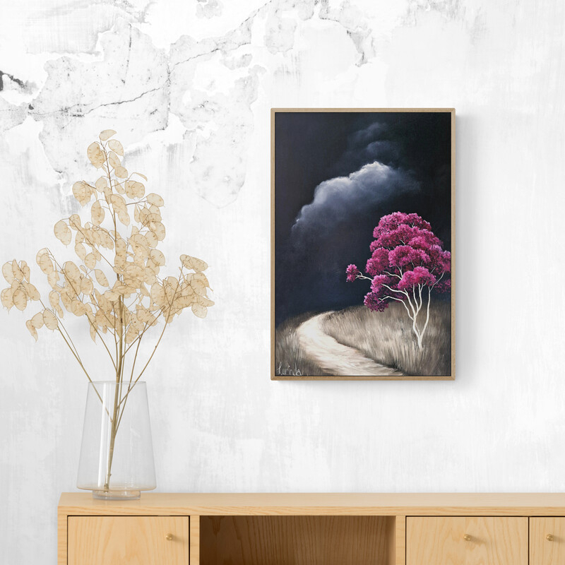 Original Australian atmospheric landscape oil painting featuring a dramatic sky with soft light breaking through layered clouds and featuring gum trees