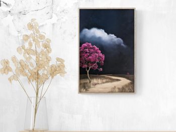 Original Australian atmospheric landscape oil painting featuring a dramatic sky with soft light breaking through layered clouds and featuring gum trees