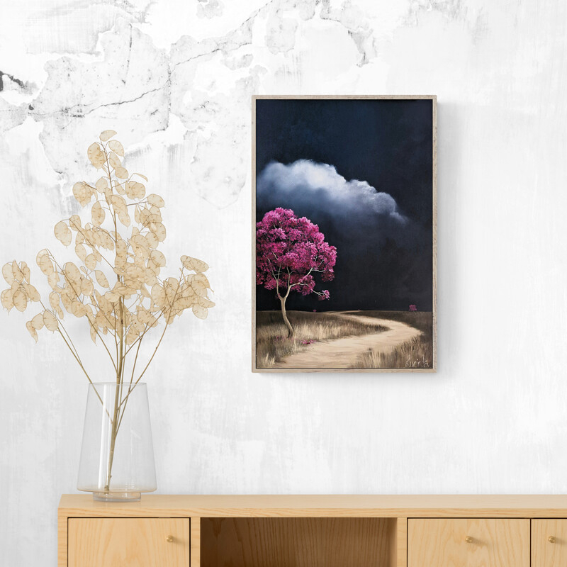 Original Australian atmospheric landscape oil painting featuring a dramatic sky with soft light breaking through layered clouds and featuring gum trees