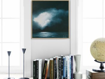 An original seascape by Lucinda Leveille in deep aquas and silvers, a glowing sky with clouds highlighted by the moonlight, with sparkles of light across the ocean waves, framed in oak and ready to hang, Brisbane artist, Austalian landscape