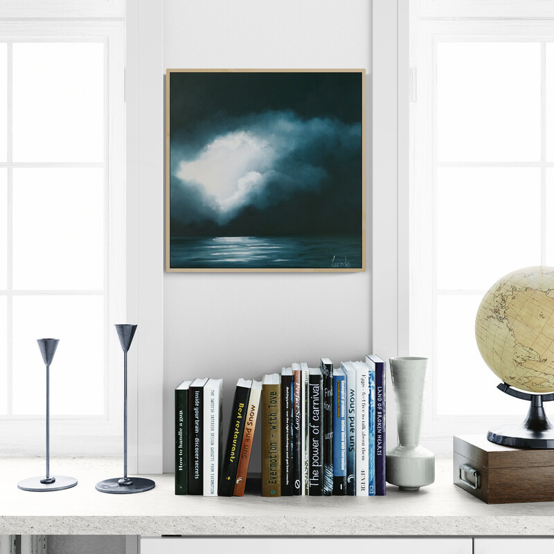 An original seascape by Lucinda Leveille in deep aquas and silvers, a glowing sky with clouds highlighted by the moonlight, with sparkles of light across the ocean waves, framed in oak and ready to hang, Brisbane artist, Austalian landscape