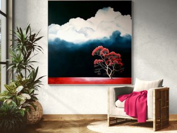 Moody contemporary landscape painting by Lucinda Leveille displayed within a modern architectural space.