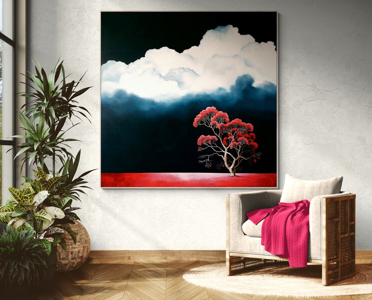 Moody contemporary landscape painting by Lucinda Leveille displayed within a modern architectural space.