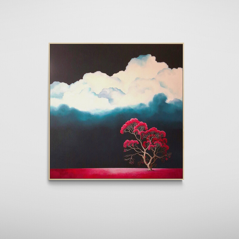 Atmospheric Australian tree landscape painting with open land and dramatic clouds