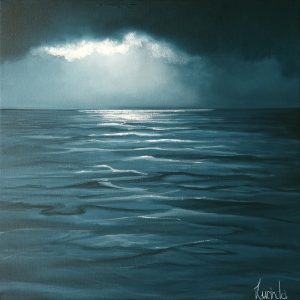 Moonlit landscape painting by Lucinda Leveille exploring quiet and weather