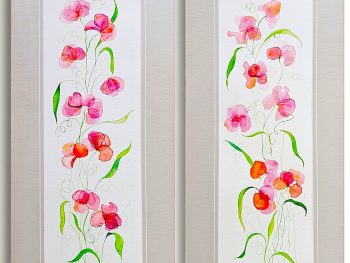 Original Australian floral watercolour, A pair of archival quality watercoours based on the sweet pea flower with tendrils and apricot and pink blossoms, already matted and ready to frame fby Brisbane artist Lucinda Leveille