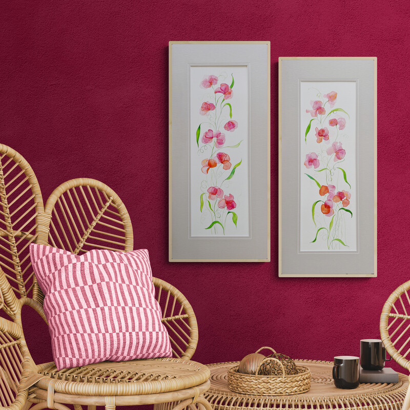 A pair of archival quality watercoours based on the sweet pea flower with tendrils and apricot and pink blossoms, already matted and ready to frame from Lucinda's Studio